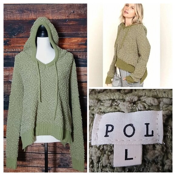 POL Sweater L Hooded Oversized Olive Green Popcorn Knit - Picture 1 of 10